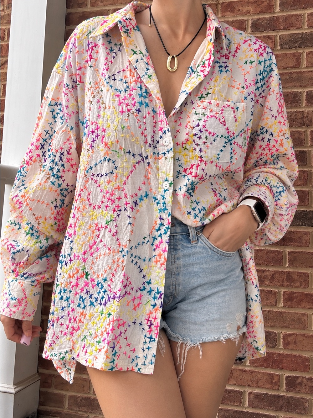 Women’s Multicolor Embroidered Button-Up Shirt Jaded Gypsy Boho
